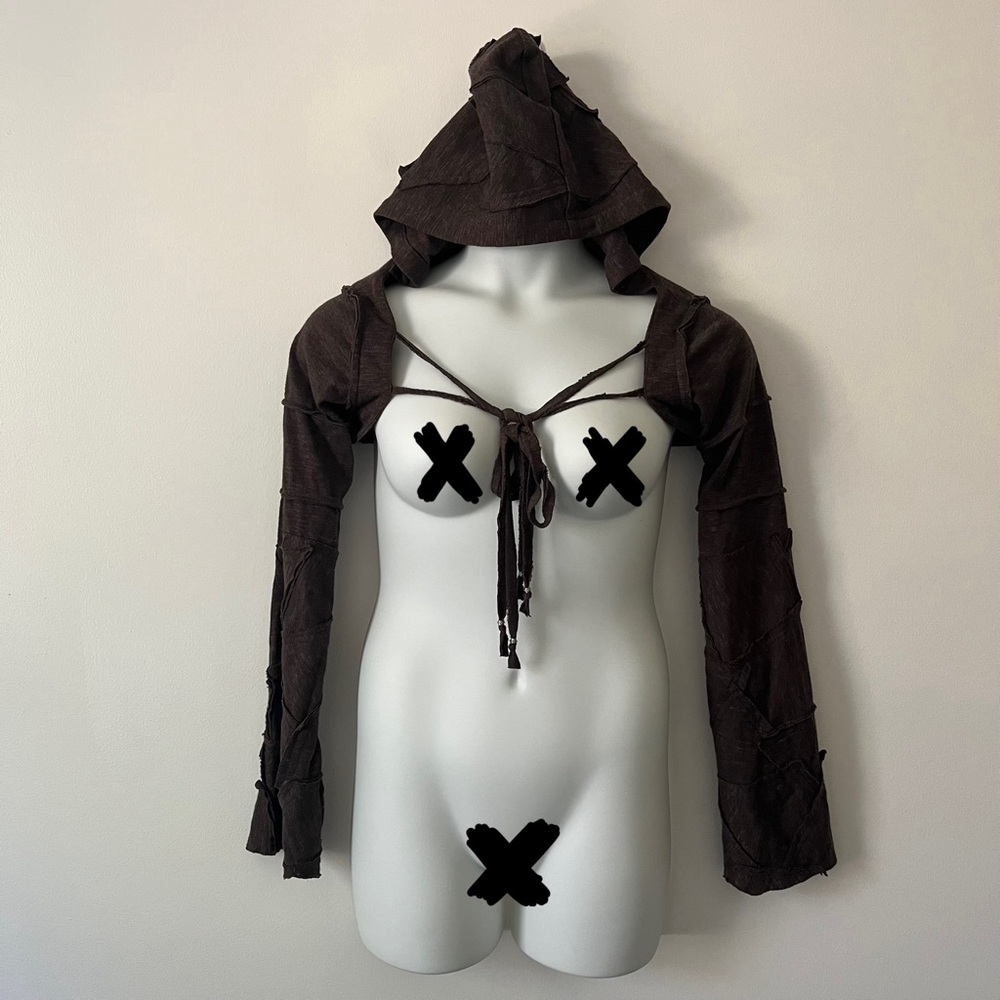 Psylo Pecoa Hooded Shrug Bolero Patchwork Grunge Apocalyptic Steampunk Rave M L - Picture 2 of 8